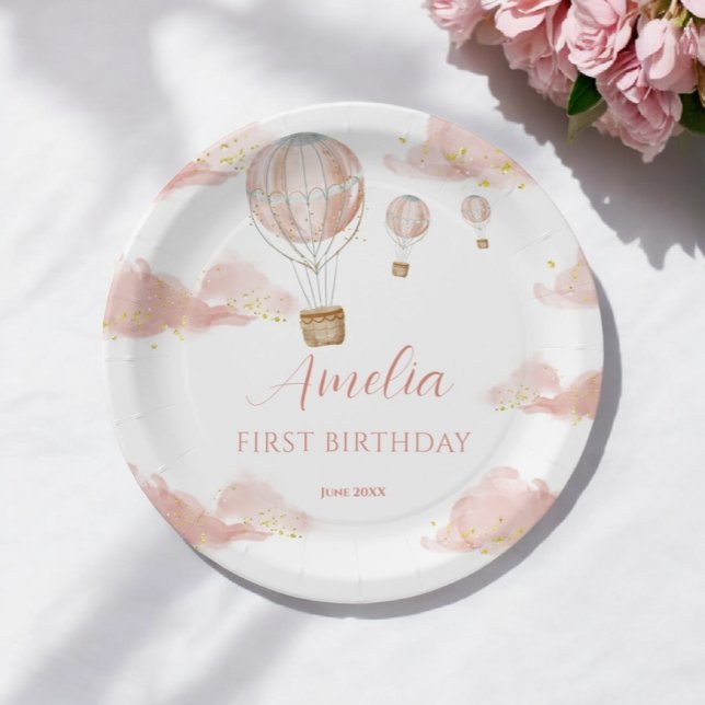 Plato De Papel Sky Adventure Pink Hot Air Balloon First Birday (Subido por el creador)