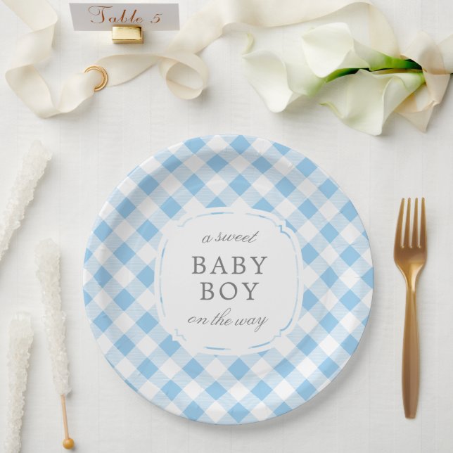 Plato De Papel Sky Blue Gingham Plaid Baby Boy (Boda)