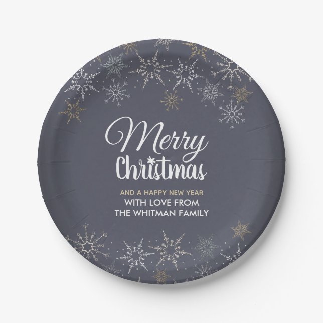 Plato De Papel Slate Gray Merry Christmas Snflakes (Anverso)