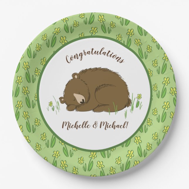 Plato De Papel Sleeping Bear Baby Shower Woodland (Anverso)