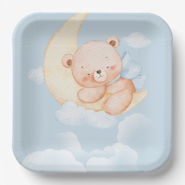 Plato De Papel Sleepy Bear Baby Shower Paper Plates (Anverso)