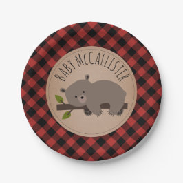 Plato De Papel Sleepy Bear Cub Lumberjack Plaid Baby Shower