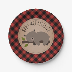 Plato De Papel Sleepy Bear Cub Lumberjack Plaid Baby Shower