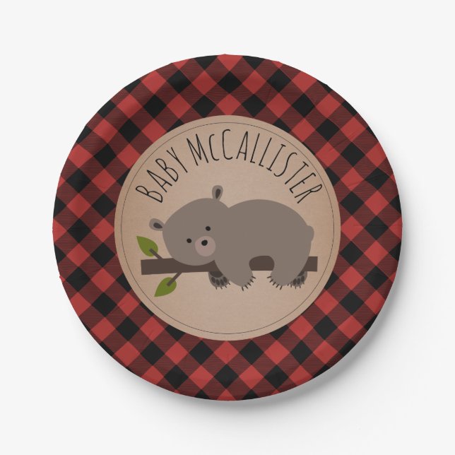 Plato De Papel Sleepy Bear Cub Lumberjack Plaid Baby Shower (Anverso)