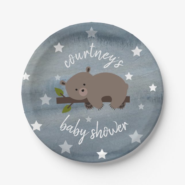 Plato De Papel Sleepy Bear Stars Watercolor Baby Shower (Anverso)
