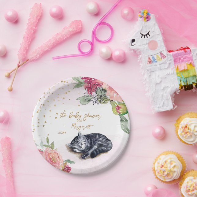 Plato De Papel Sleepy Kitten Ilustracion Chica Baby Shower (Fiesta)