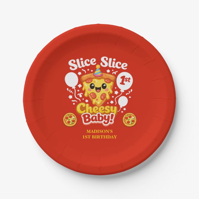 Plato De Papel Slice Slice Cheesy Baby Pizza 1st Birthday (Anverso)