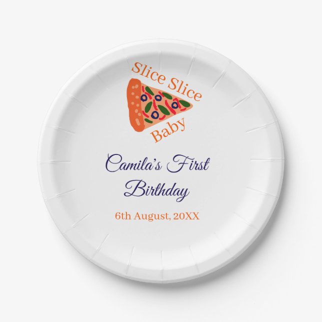 Plato De Papel Slice Slice pizza bebé azul 1 cumpleaños (Anverso)