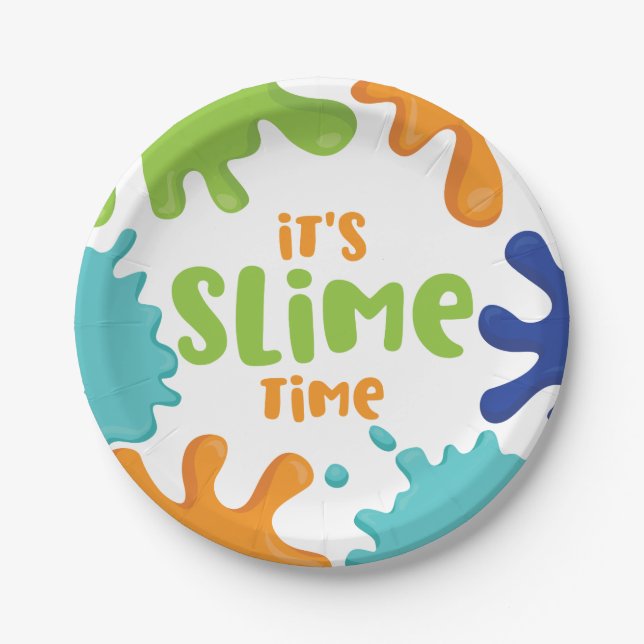 Plato De Papel Slime Time Birday Party Plates Naranja Blue Green (Anverso)