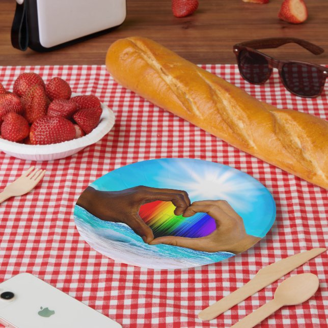 Plato De Papel SlipperyJoe gradiente de arcoíris vibrante corazón (Picnic)