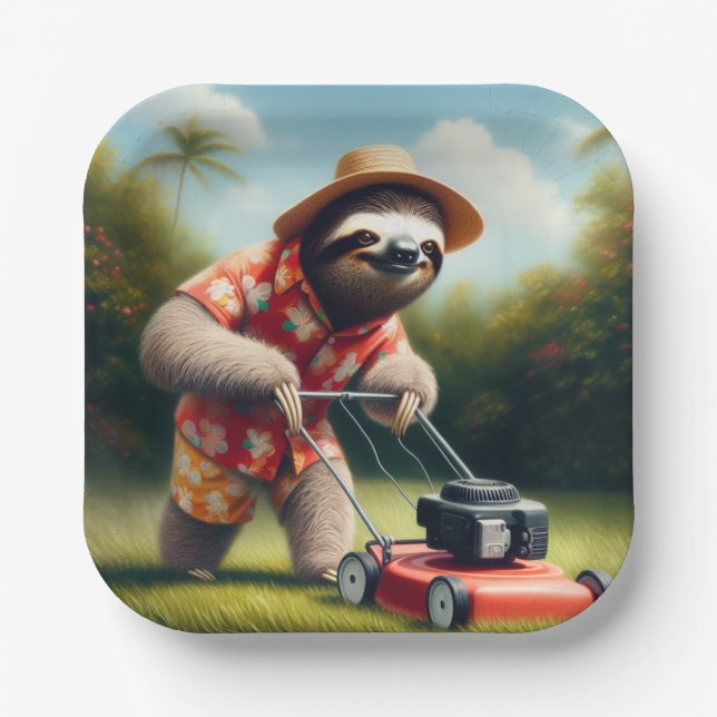 Plato De Papel Sloth Mowing Lawn (Anverso)