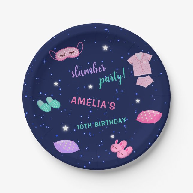 Plato De Papel Slumber Sleepover Partido de Cumpleaños Pink Purpl (Anverso)