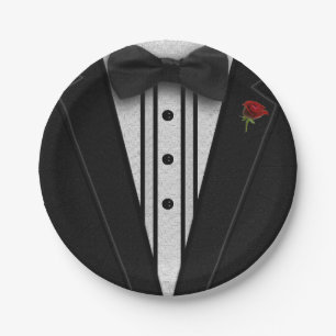 Plato De Papel Smoking negro con la pajarita