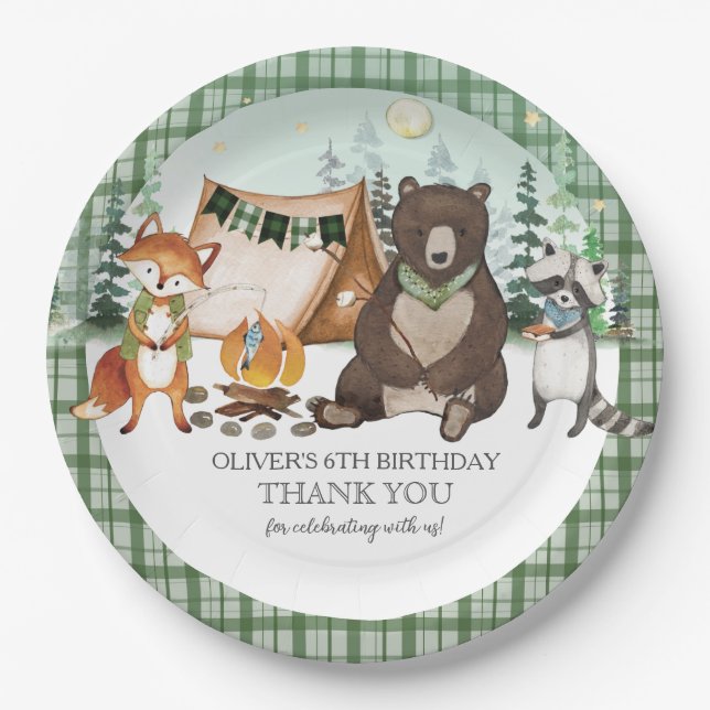 Plato De Papel S'more Camping Bear Fox Raccoon Bonfire Cumpleaños (Anverso)