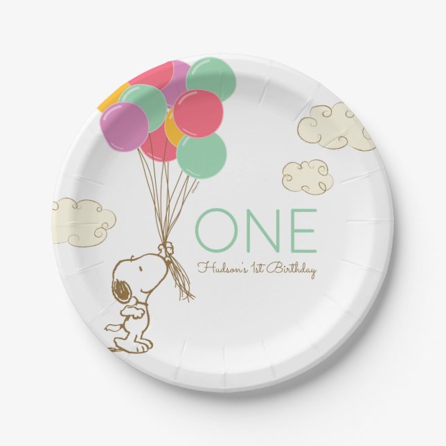 Plato De Papel Snoopy and Balloons Primer cumpleaños (Anverso)