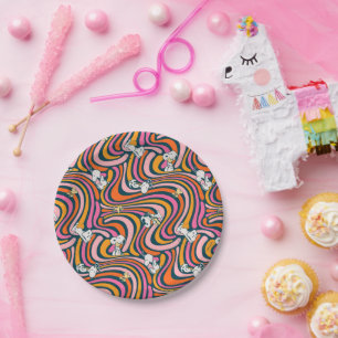 Plato De Papel Snoopy & Woodstock Groovy Vibes Patrón púrpura