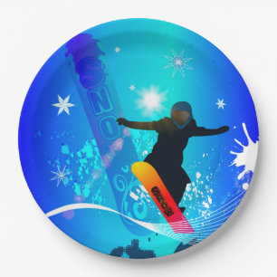 Plato De Papel Snowboard, snowboarder con el tablero en backg