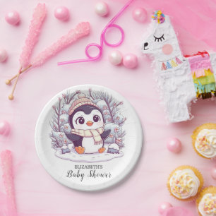 Plato De Papel Snowflake Cute Penguin Baby Shower