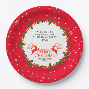 Plato De Papel Snowflake, Holly Berries y Personalizado de renos