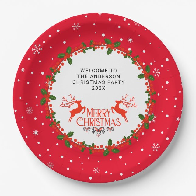 Plato De Papel Snowflake, Holly Berries y Personalizado de renos (Anverso)