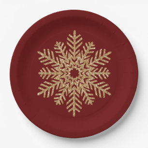 Plato De Papel Snowflake, Purpurina de oro rojo