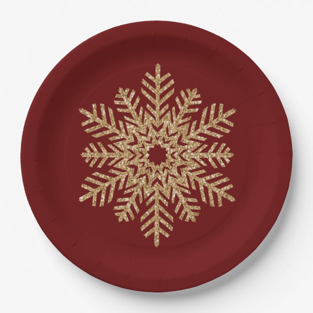 Plato De Papel Snowflake, Purpurina de oro rojo (Anverso)