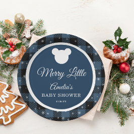 Plato De Papel Snowflake Winter Blue Plaid Baby Shower