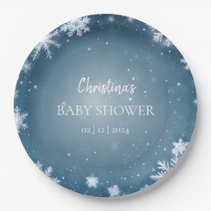 Plato De Papel Snowflake Winter Wonderland Baby Shower Blue