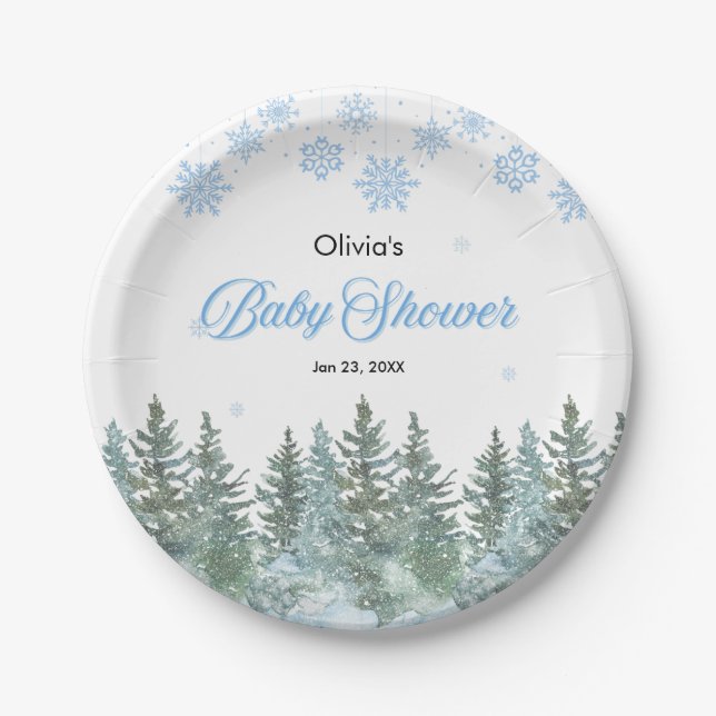 Plato De Papel Snowflakes Pine Trees Winter Baby Shower  (Anverso)