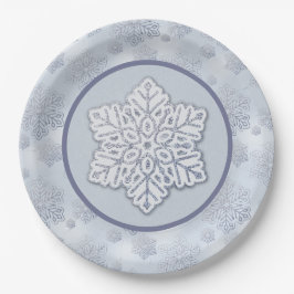 Plato De Papel Snowflakes Silver Purpurina Dusty Blue