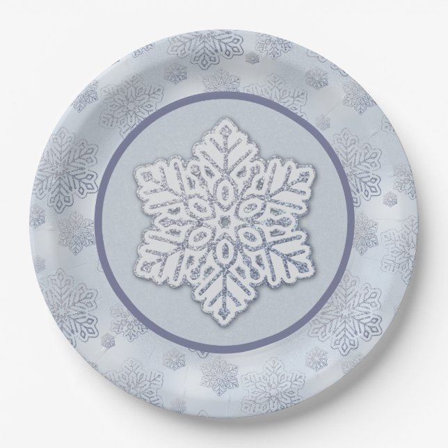 Plato De Papel Snowflakes Silver Purpurina Dusty Blue (Anverso)