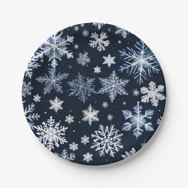 Plato De Papel Snowflakes Winter Design Blue Cold Cute (Anverso)