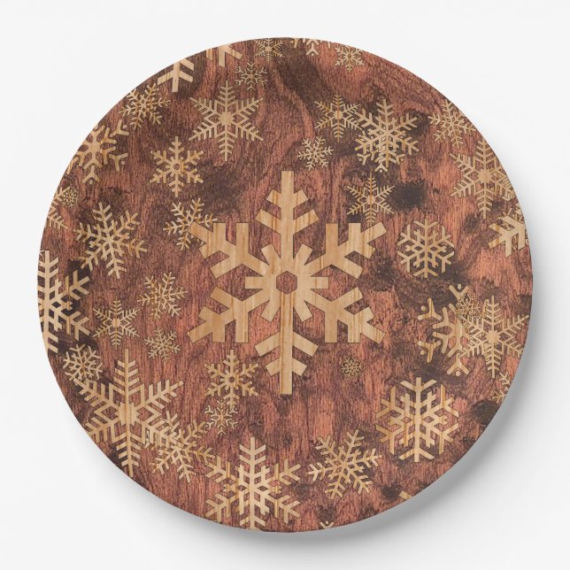 Plato De Papel Snowflakes Wood Inlay Graphic Print Decor on a (Anverso)