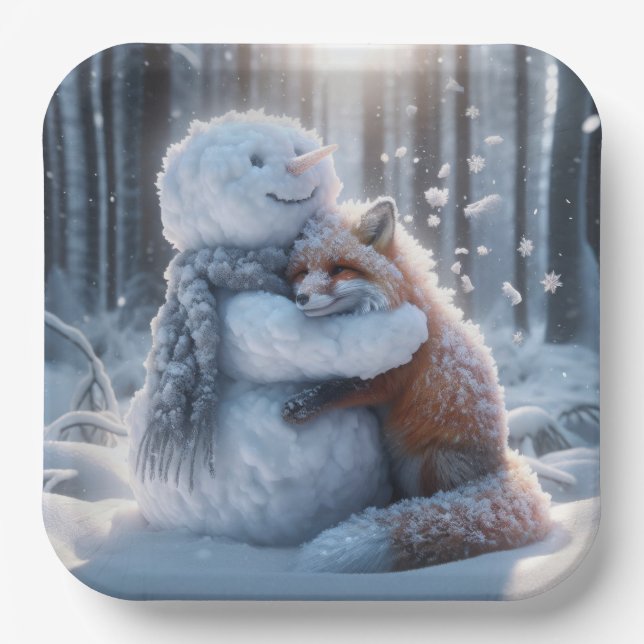 Plato De Papel Snowman abrazando a Fox (Anverso)