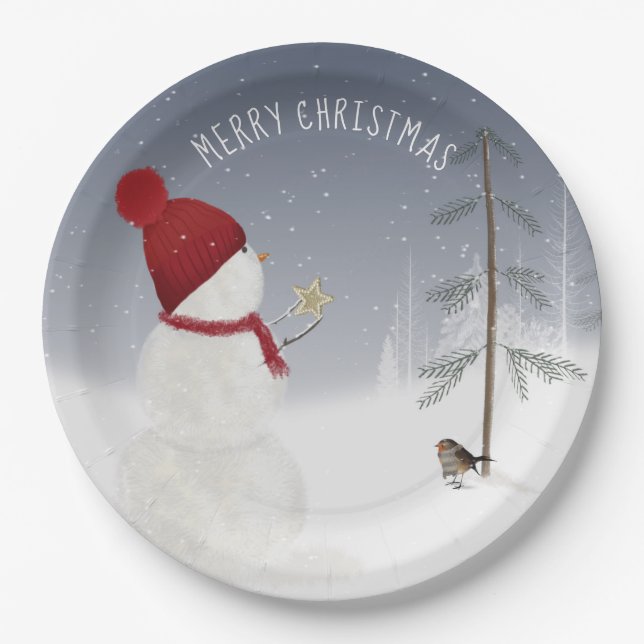 Plato De Papel Snowman con estrella de Navidades (Anverso)