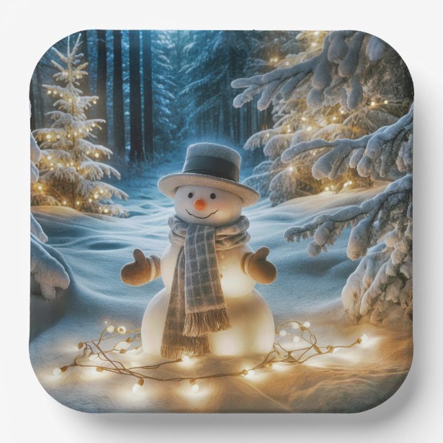 Plato De Papel Snowman con luces Navidades (Anverso)