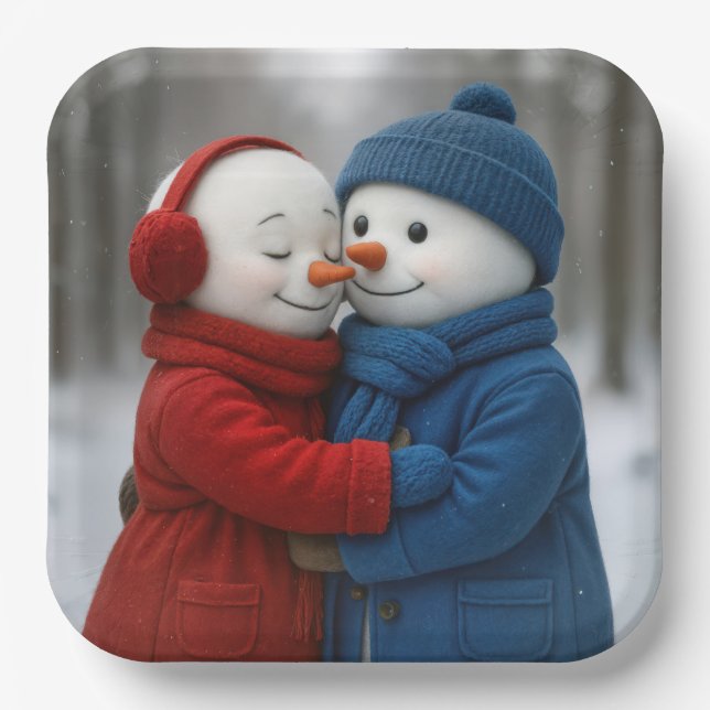Plato De Papel Snowman Couple Hugging in Winter Forest (Anverso)