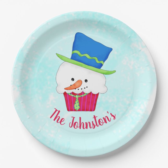Plato De Papel Snowman Cupcake Name Personalized Dessert Party (Anverso)