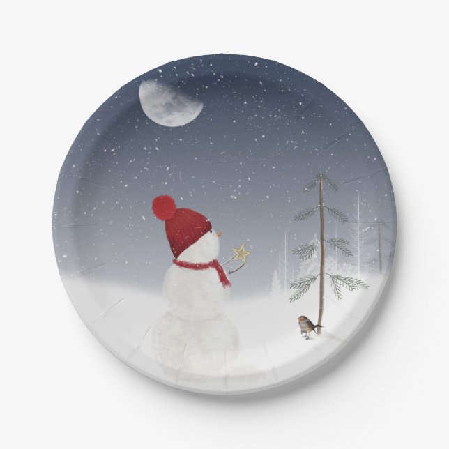 Plato De Papel Snowman de vacaciones con estrella de oro (Anverso)