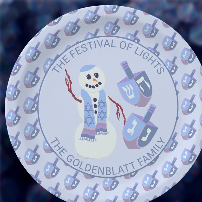 Plato De Papel Snowman Dreidels Cute Blue Pattern Hanukkah Fiesta (Custom Hanukkah paper plates make clean up a breeze after your parties and family events)