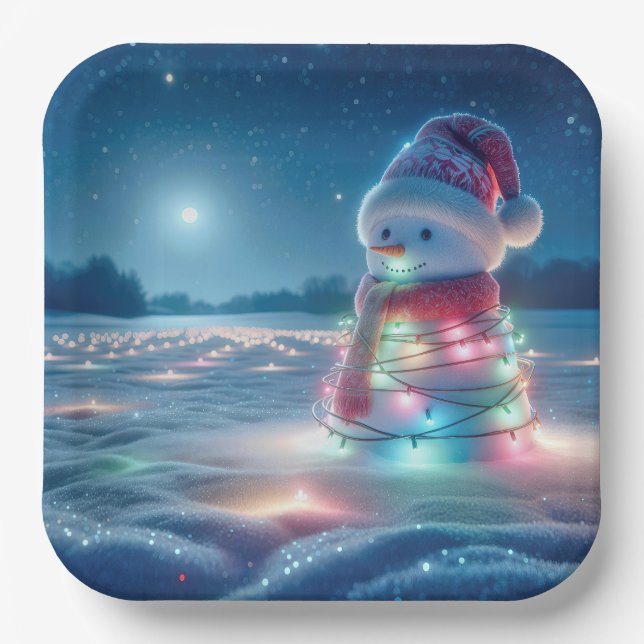 Plato De Papel Snowman enreda En Luces De Navidades Brillantes (Anverso)
