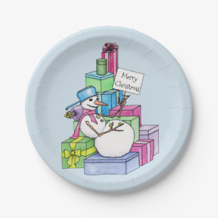 Plato De Papel Snowman escalando en regalos