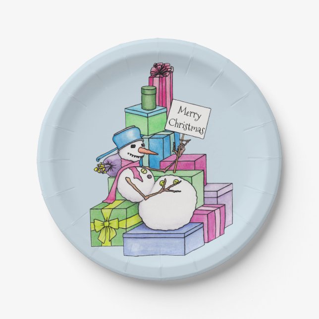 Plato De Papel Snowman escalando en regalos (Anverso)