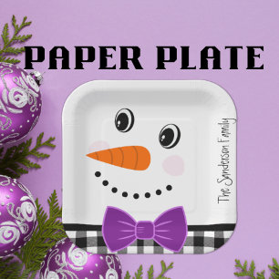 Plato De Papel Snowman Face Purple Bowtie Búfalo negro