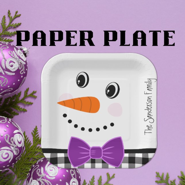 Plato De Papel Snowman Face Purple Bowtie Búfalo negro (Subido por el creador)