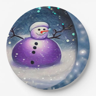 Plato De Papel Snowman pintado con aguijón morado