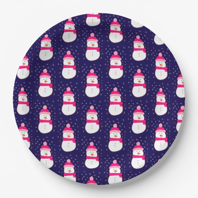 Plato De Papel Snowman rosado con harina de nieve (Anverso)
