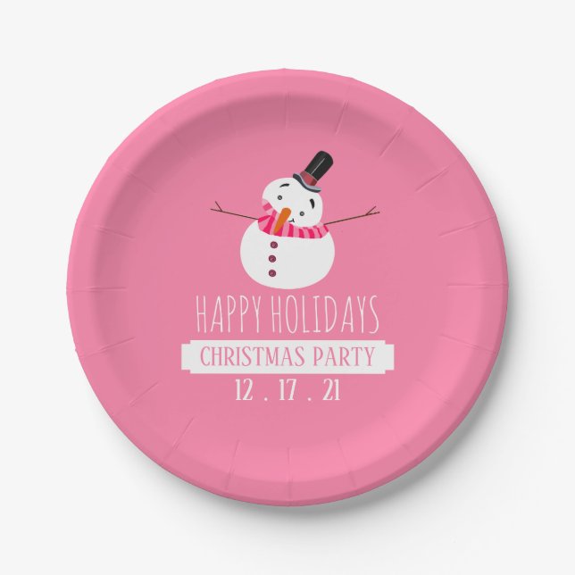 Plato De Papel Snowman rosado, Fiesta de Navidades (Anverso)