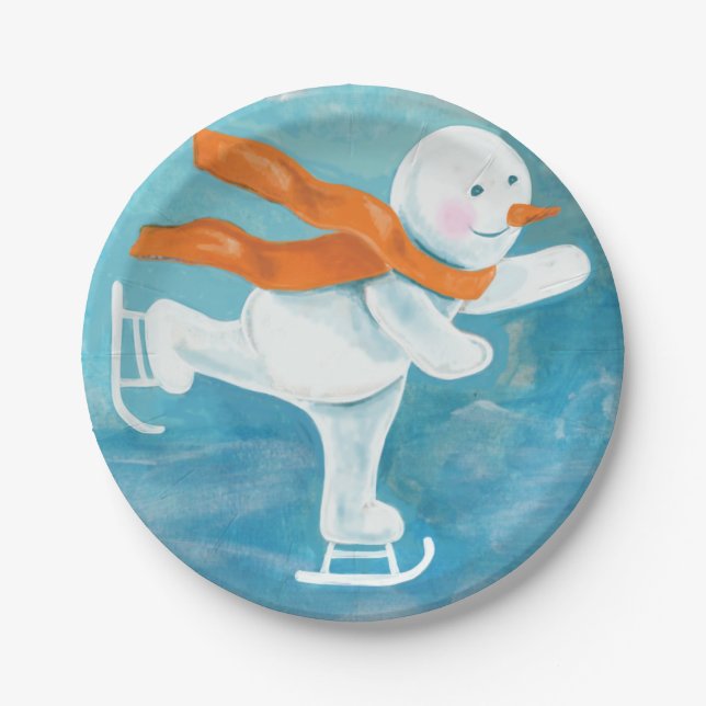 Plato De Papel Snowman sobre patinaje sobre hielo (Anverso)