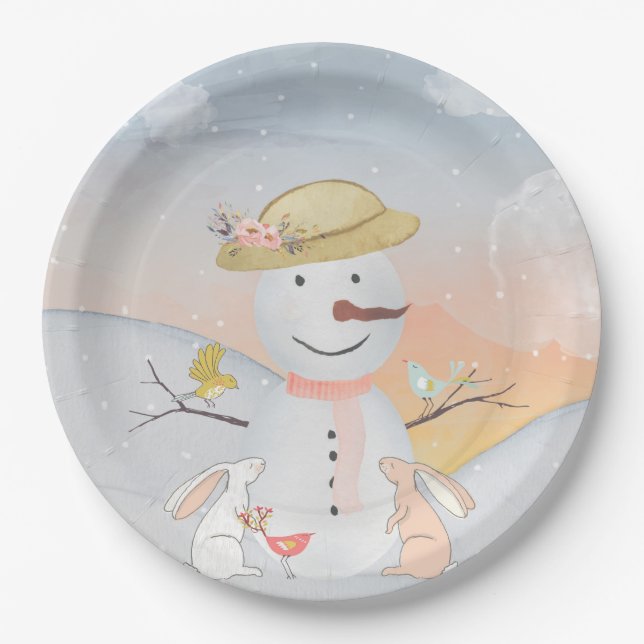 Plato De Papel Snowman y los amigos de Woodland en invierno (Anverso)